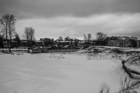 Snow-Blanketed Football Field in Liepaja, Latvia