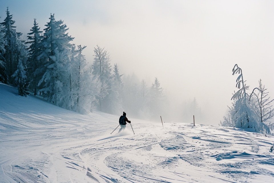 Person Skiing Down a Snowy Slope