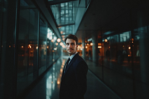 Confident Businessman Standing in a Modern Glass Corridor