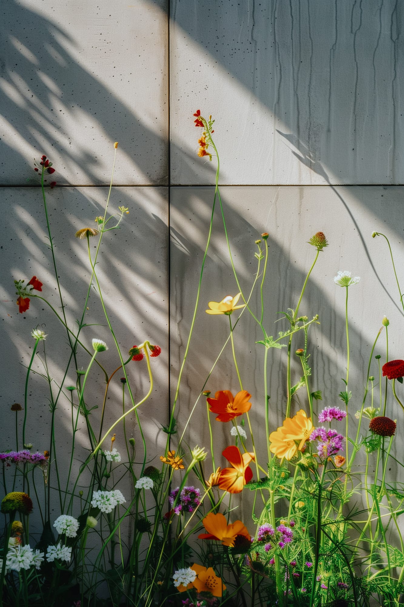Vivid Wildflowers Against a Concrete Tapestry