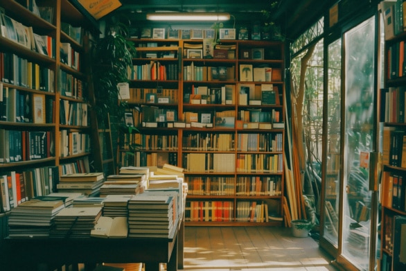 Cozy Bookstore Corner With Stacks of Books and Shelves on a Lazy