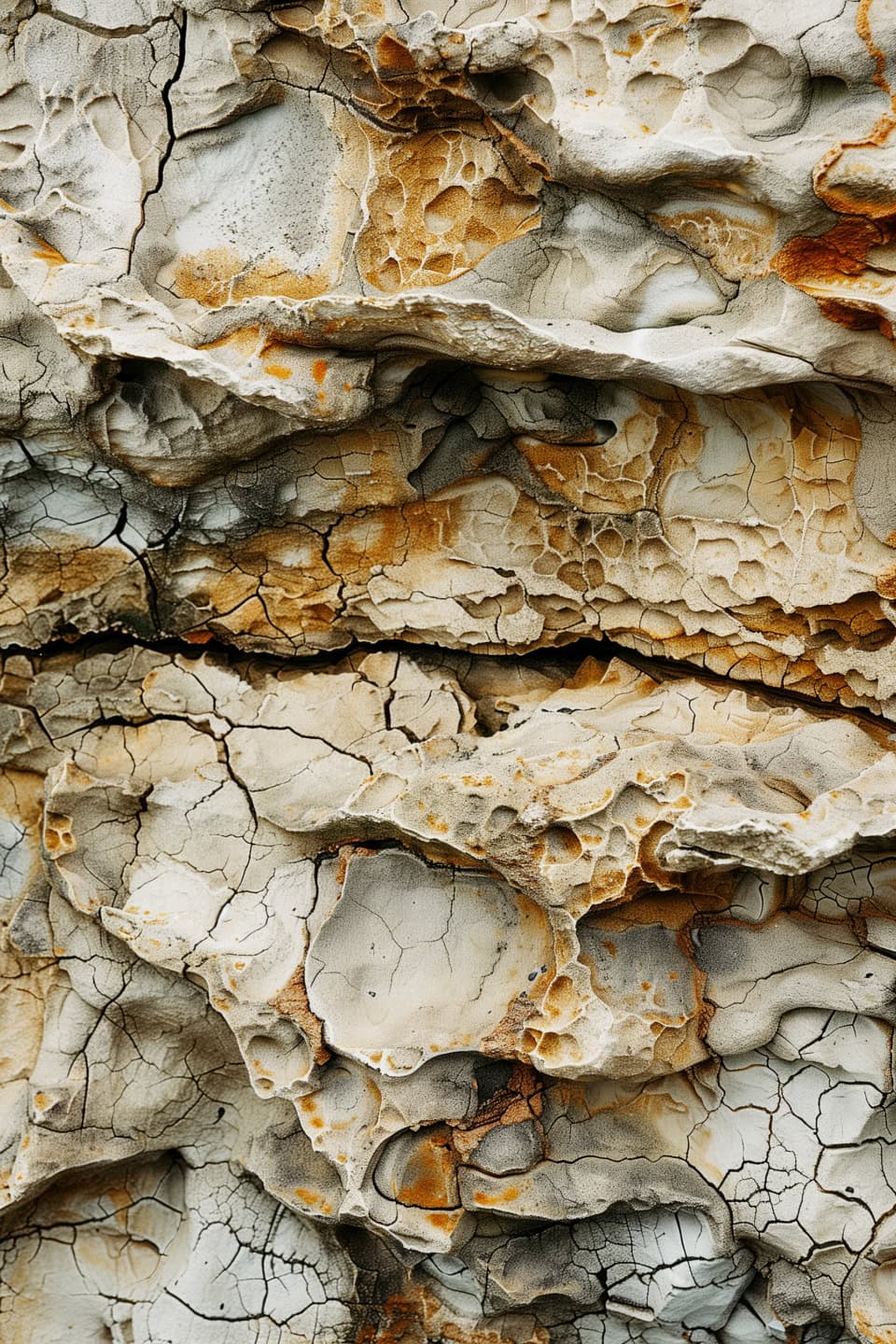 Close-up of a weathered rock wall with a rough, textured surface