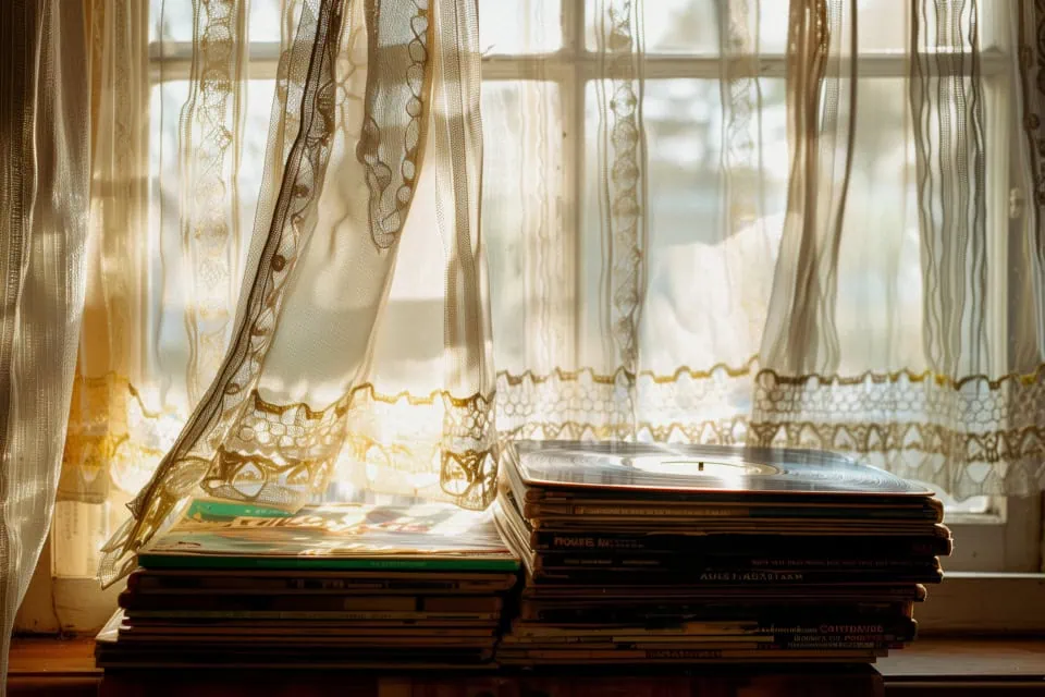 Vintage vinyl records illuminated by warm sunlight on a windowsi