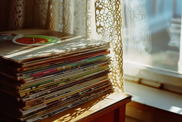 A stack of classic vinyl LPs bathed in warm sunlight