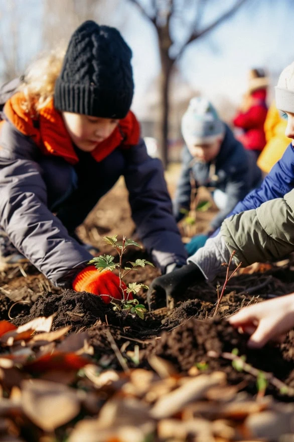 Community volunteers plant trees in urban park