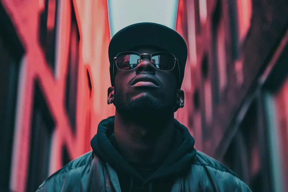 A Young Man Dressed in Dark Clothing Stands Confidently in a Nar