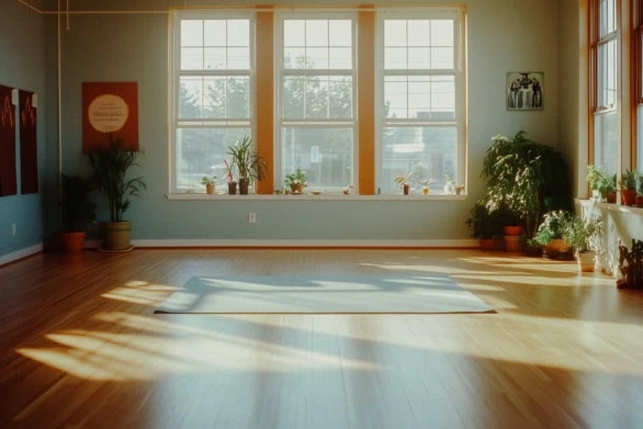 Serene Yoga Studio With Large Windows and Abundant Natural Light