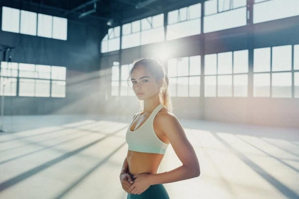 Young Woman in Athletic Wear Posing in Bright Gym With Large Win