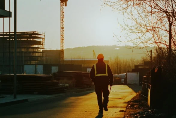 Construction Worker Walking Away at Sunset on Urban Development