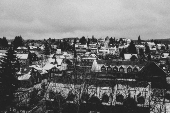 Snowy Winter Village in Black and White