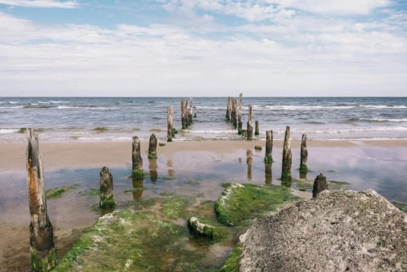 Weathered Wooden Pier Remains on the Baltic Sea Shore in Latvia