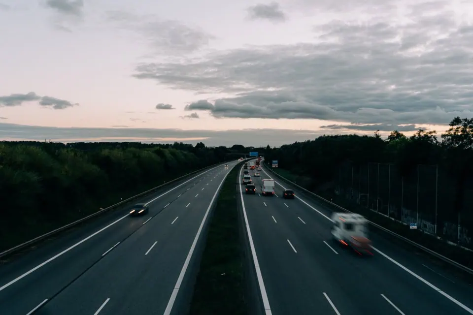 Driving along the autobahn near Hamburg at dusk