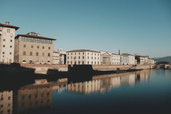 Historic buildings along the Arno River in Florence, Italy